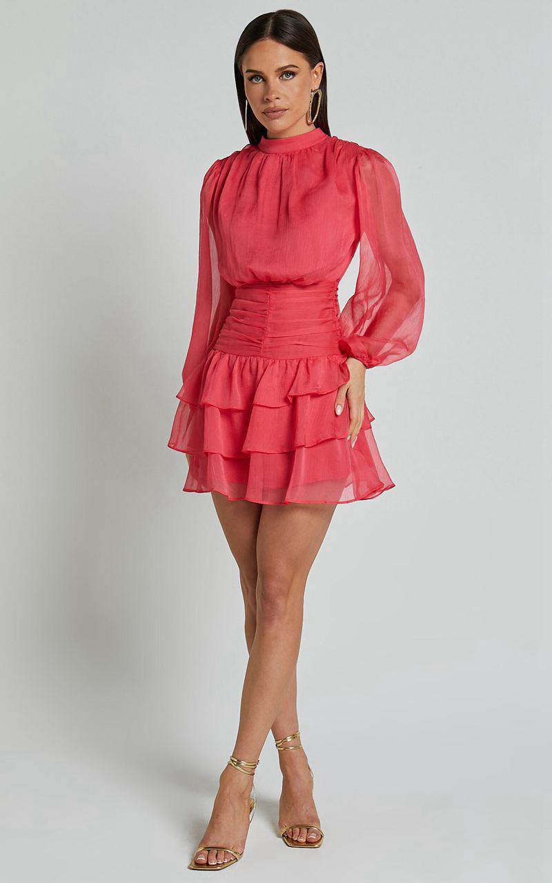 Showpo Charlize Mini Dress - High Neck Long Sleeve Layered Dress Coral | WFKHPB617