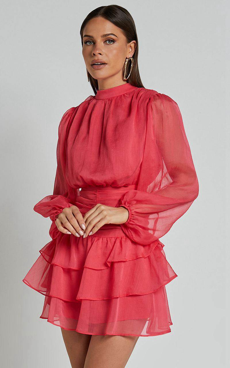 Showpo Charlize Mini Dress - High Neck Long Sleeve Layered Dress Coral | WFKHPB617