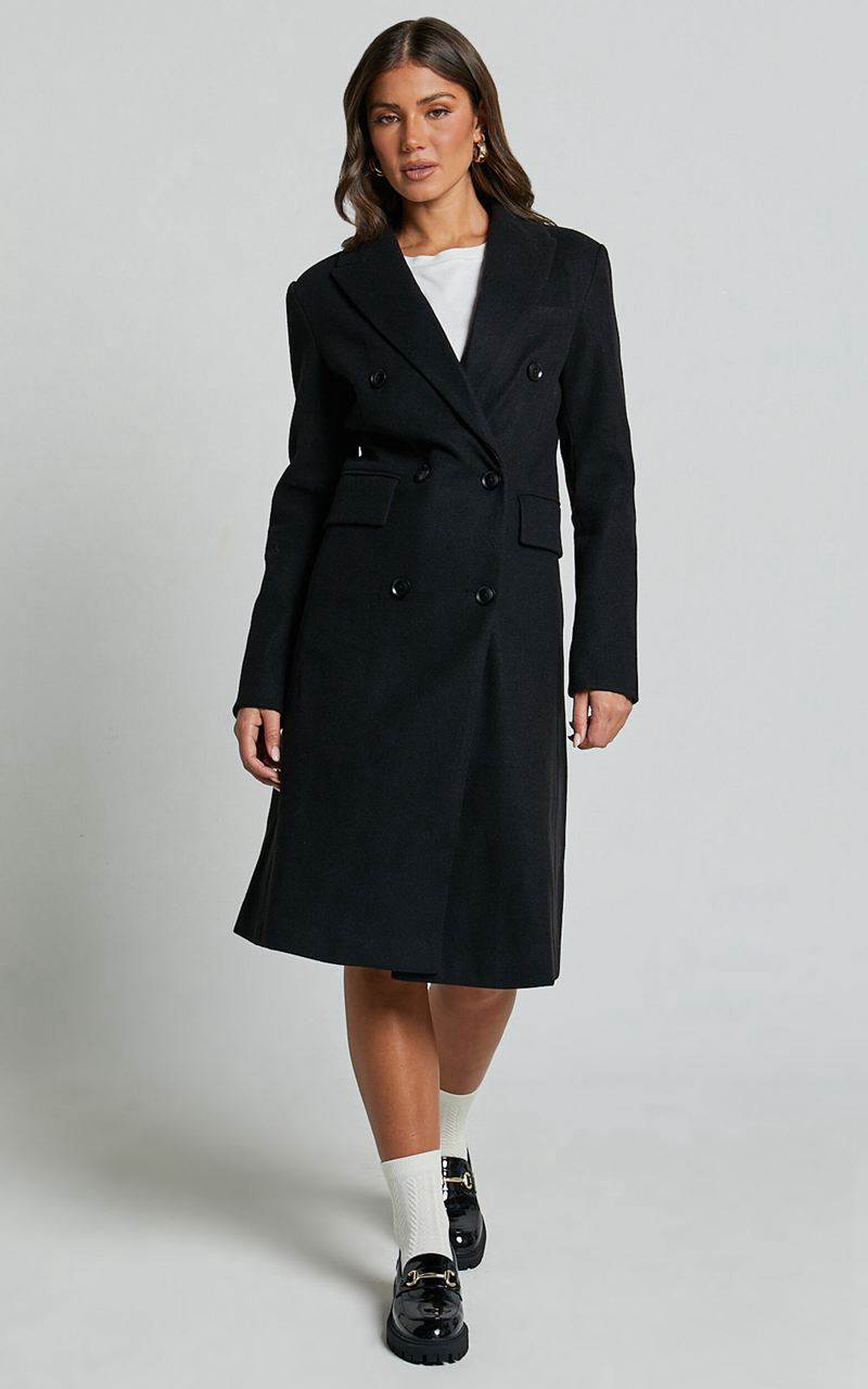 Showpo Charlotte Coat - Double Breasted Long Line Coat Black | WDOYTV816