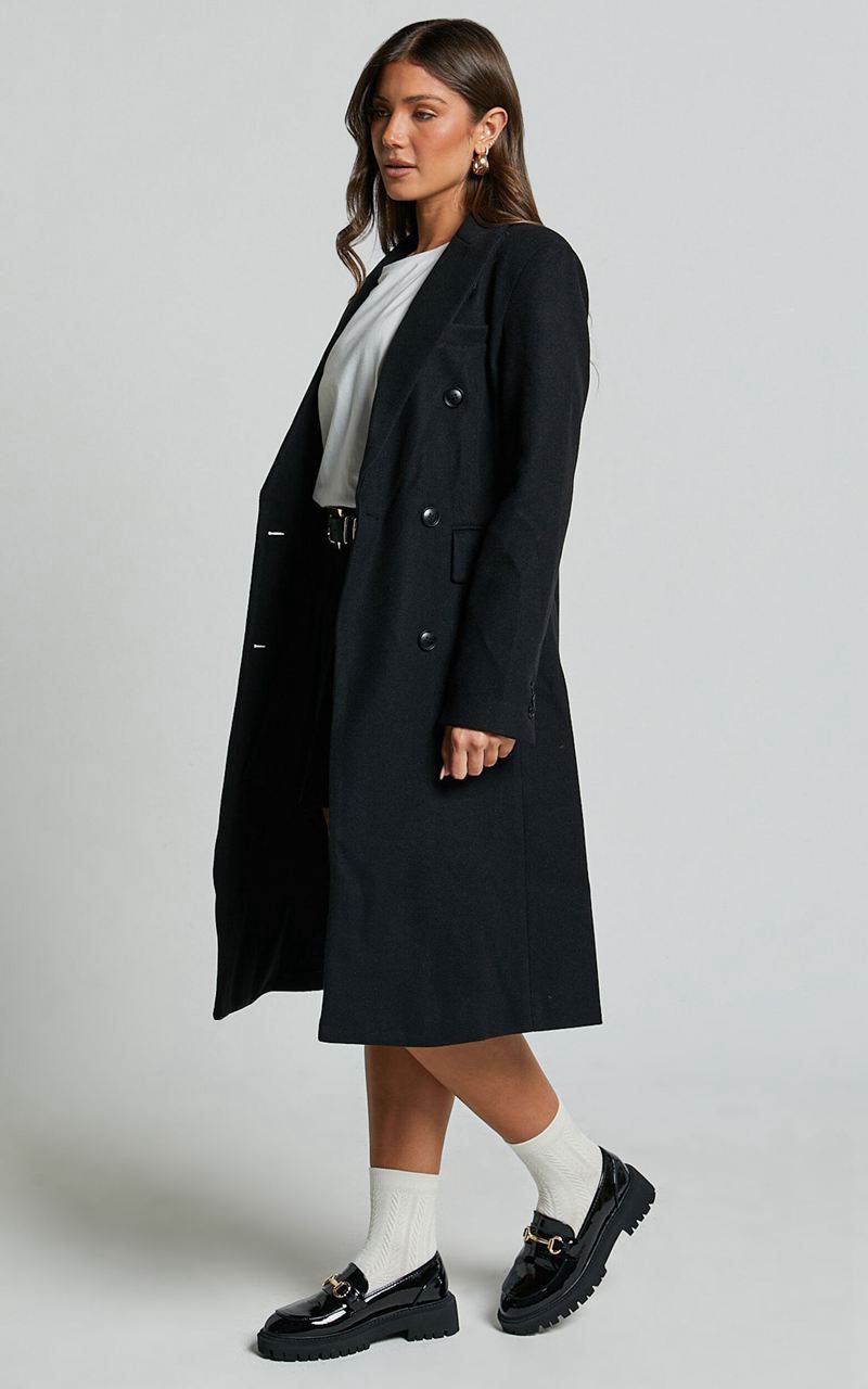 Showpo Charlotte Coat - Double Breasted Long Line Coat Black | WDOYTV816