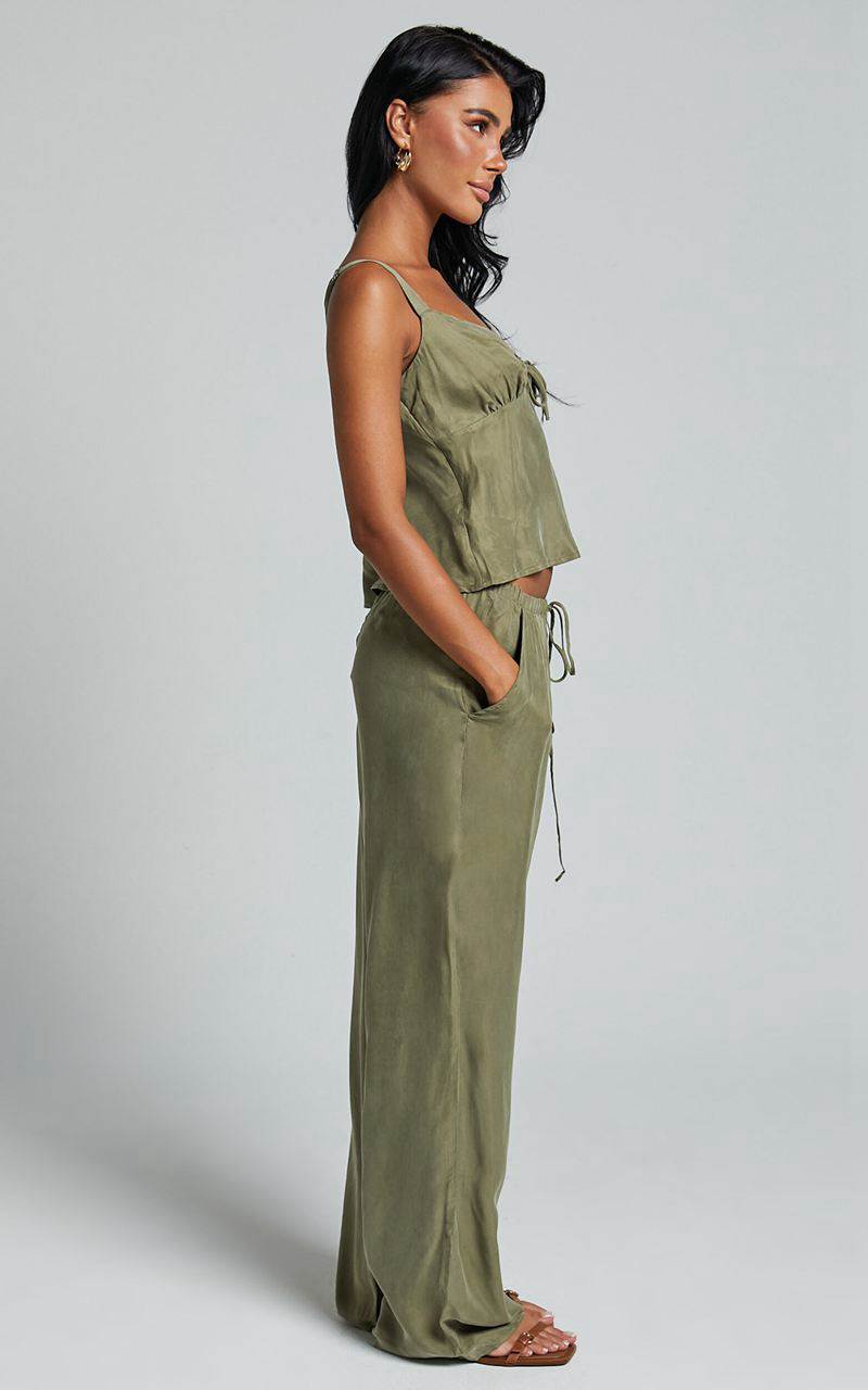 Showpo Chaya Pants - Cupro Mid Rise Relaxed Drawstring Pants Moss | HPIJZN519