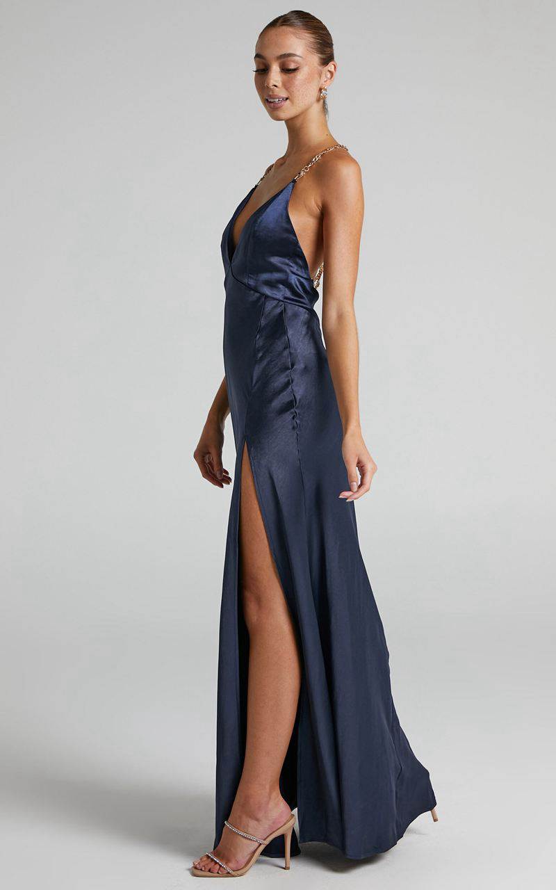 Showpo Cheche Maxi Dress - Chain Strap Plunge Bias Cut Satin Dress Navy | POMZKV873