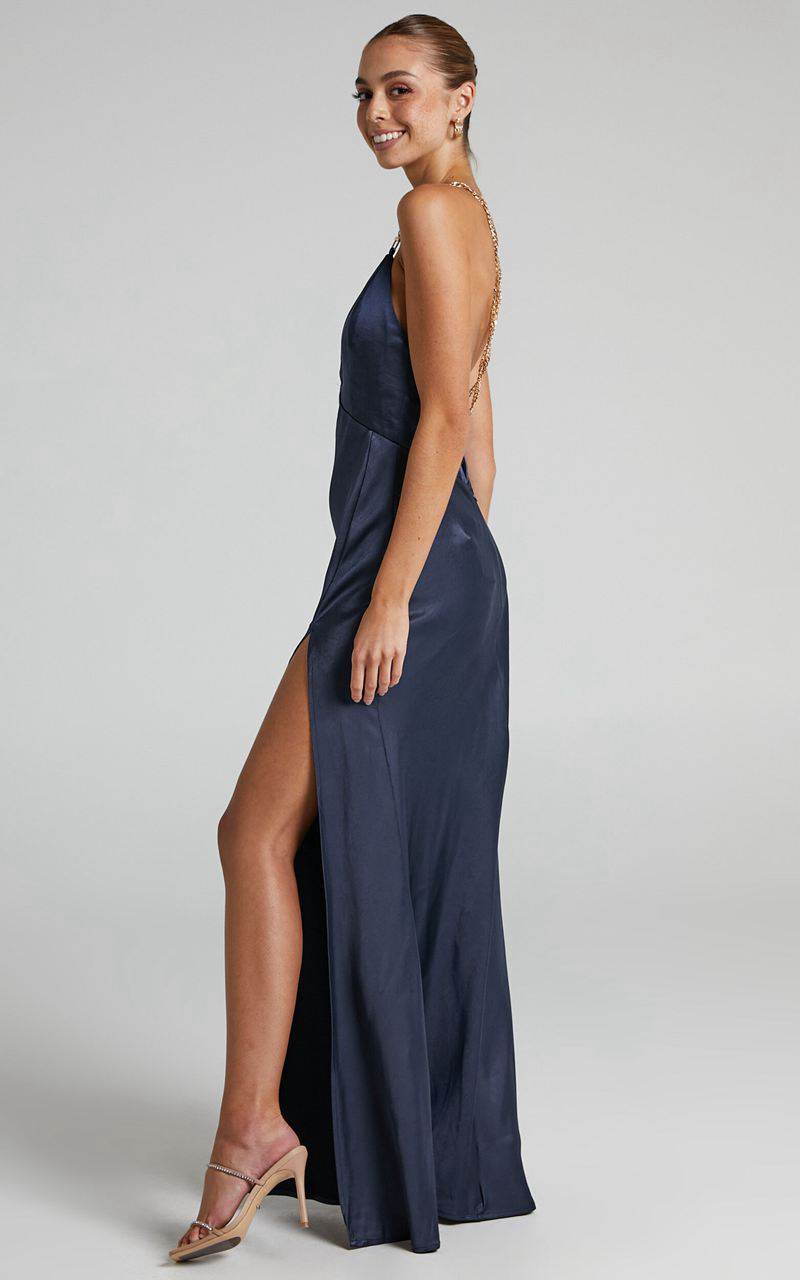 Showpo Cheche Maxi Dress - Chain Strap Plunge Bias Cut Satin Dress Navy | POMZKV873