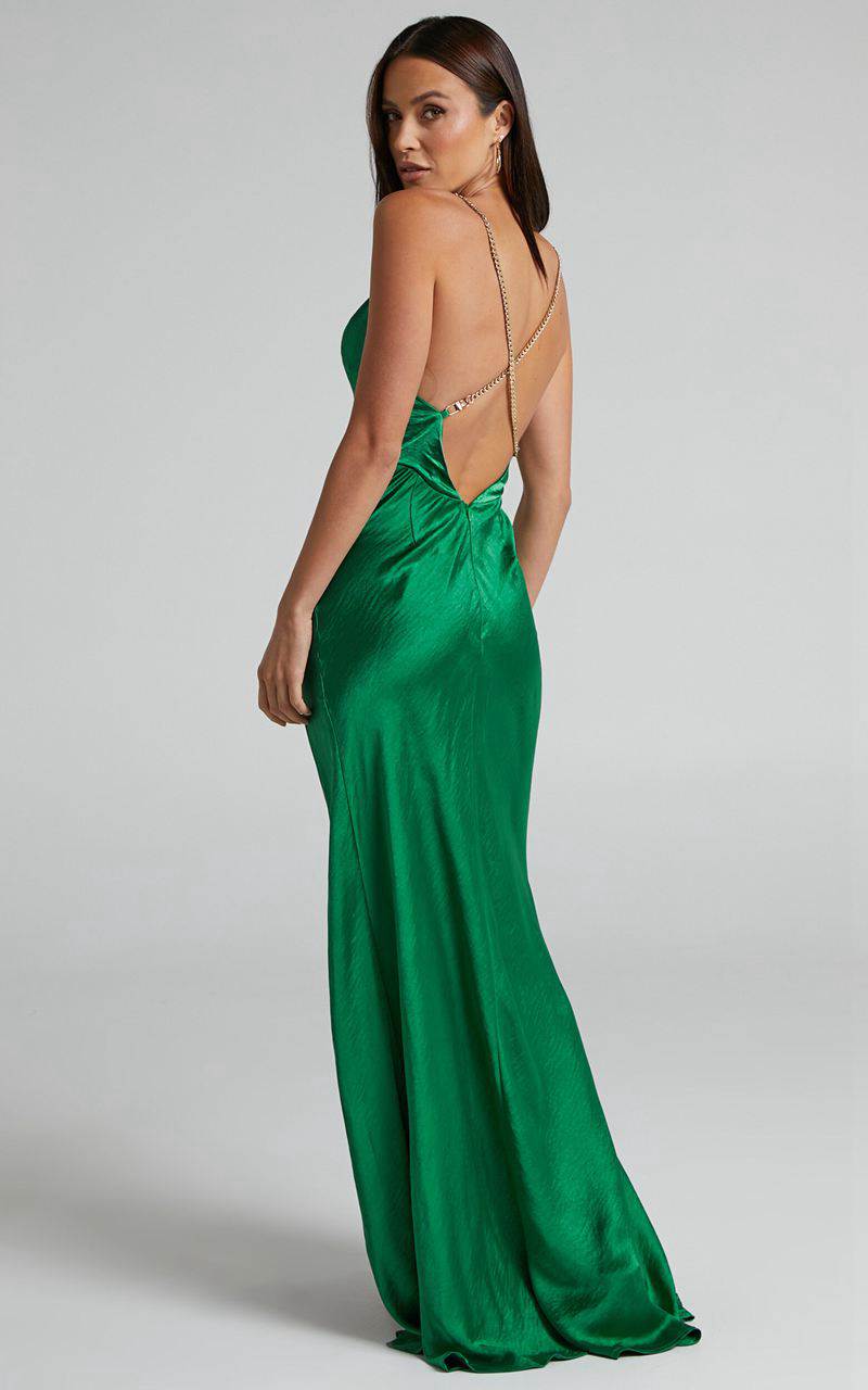 Showpo Cheche Maxi Dress - Chain Strap Plunge Bias Cut Satin Dress Green | XRIQOF168