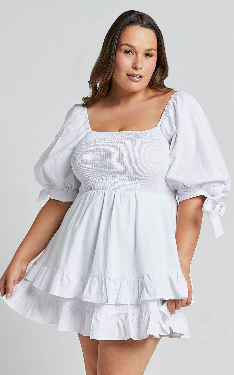 Showpo Chelle Mini Dress - Shirred Short Tie Sleeve Dress White | BVJOSG049