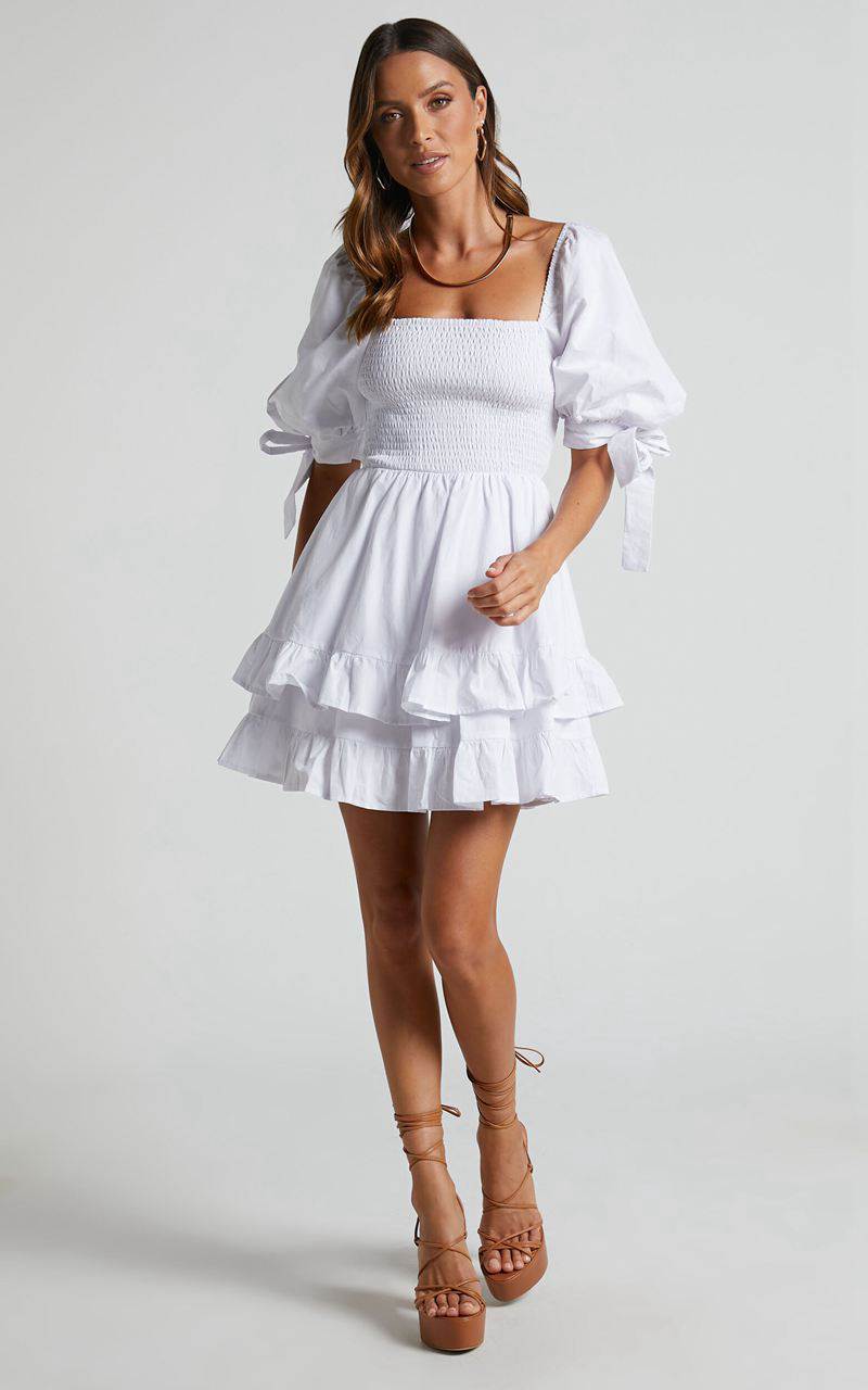 Showpo Chelle Mini Dress - Shirred Short Tie Sleeve Dress White | BVJOSG049