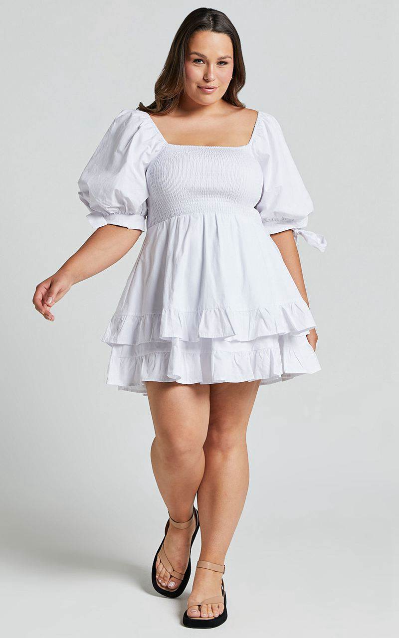 Showpo Chelle Mini Dress - Shirred Short Tie Sleeve Dress White | BVJOSG049