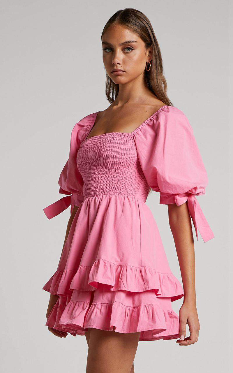 Showpo Chelle Mini Dress - Shirred Short Tie Sleeve Dress Pink | IRKCBZ714