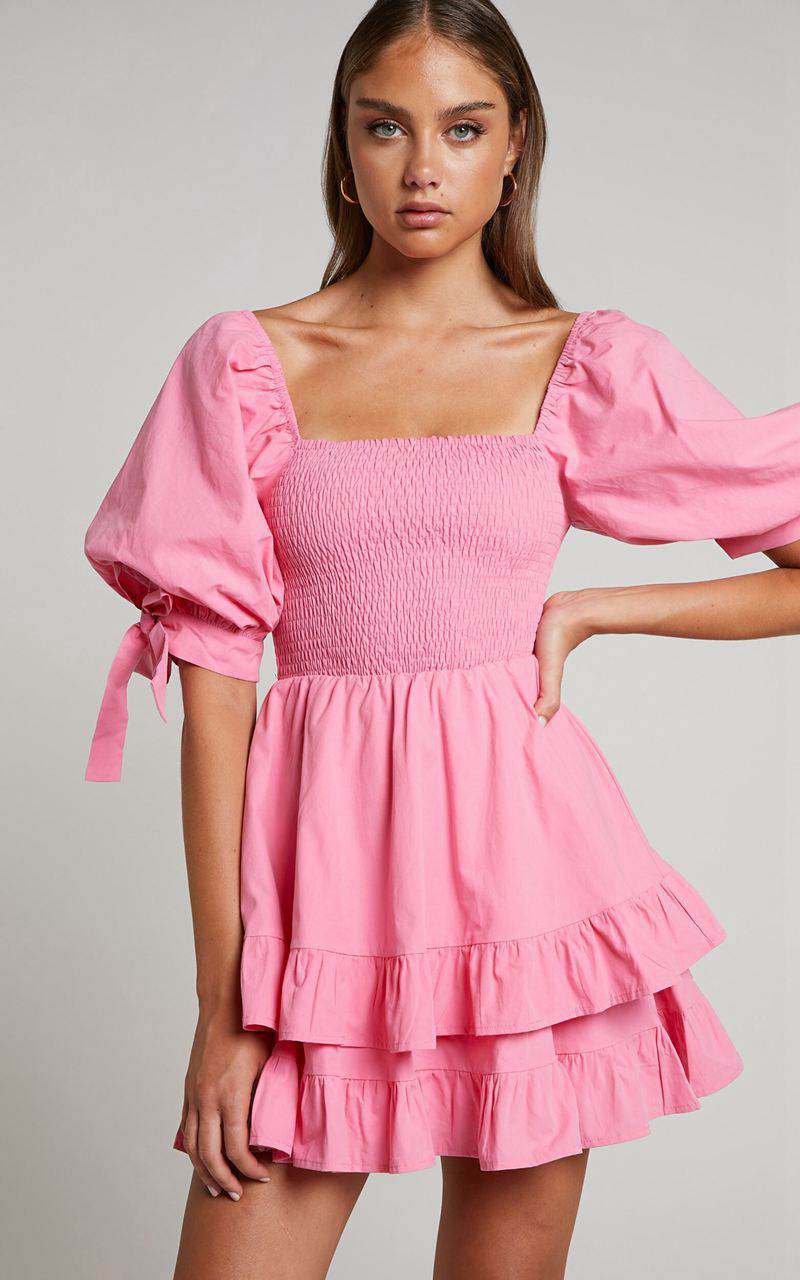 Showpo Chelle Mini Dress - Shirred Short Tie Sleeve Dress Pink | IRKCBZ714