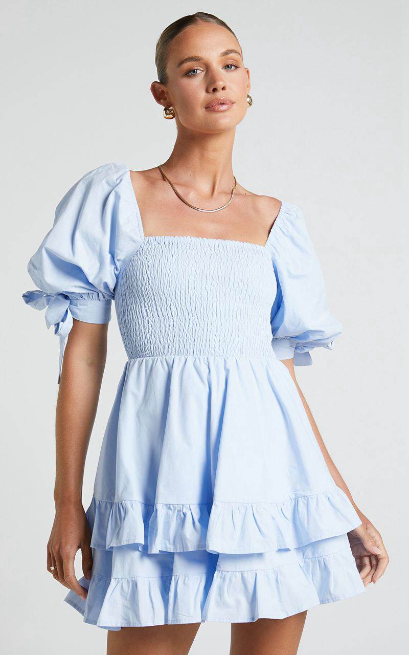 Showpo Chelle Mini Dress - Shirred Short Tie Sleeve Dress Ice Blue | ZMFWIY369