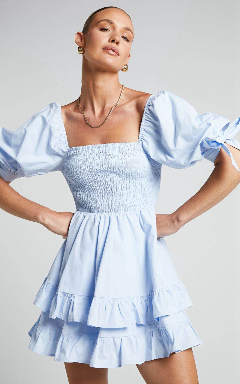 Showpo Chelle Mini Dress - Shirred Short Tie Sleeve Dress Ice Blue | ZMFWIY369