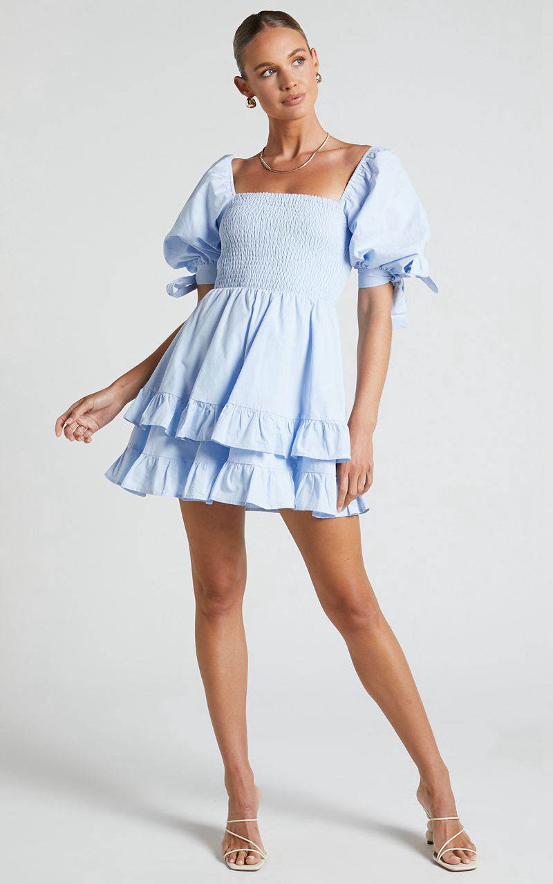 Showpo Chelle Mini Dress - Shirred Short Tie Sleeve Dress Ice Blue | ZMFWIY369