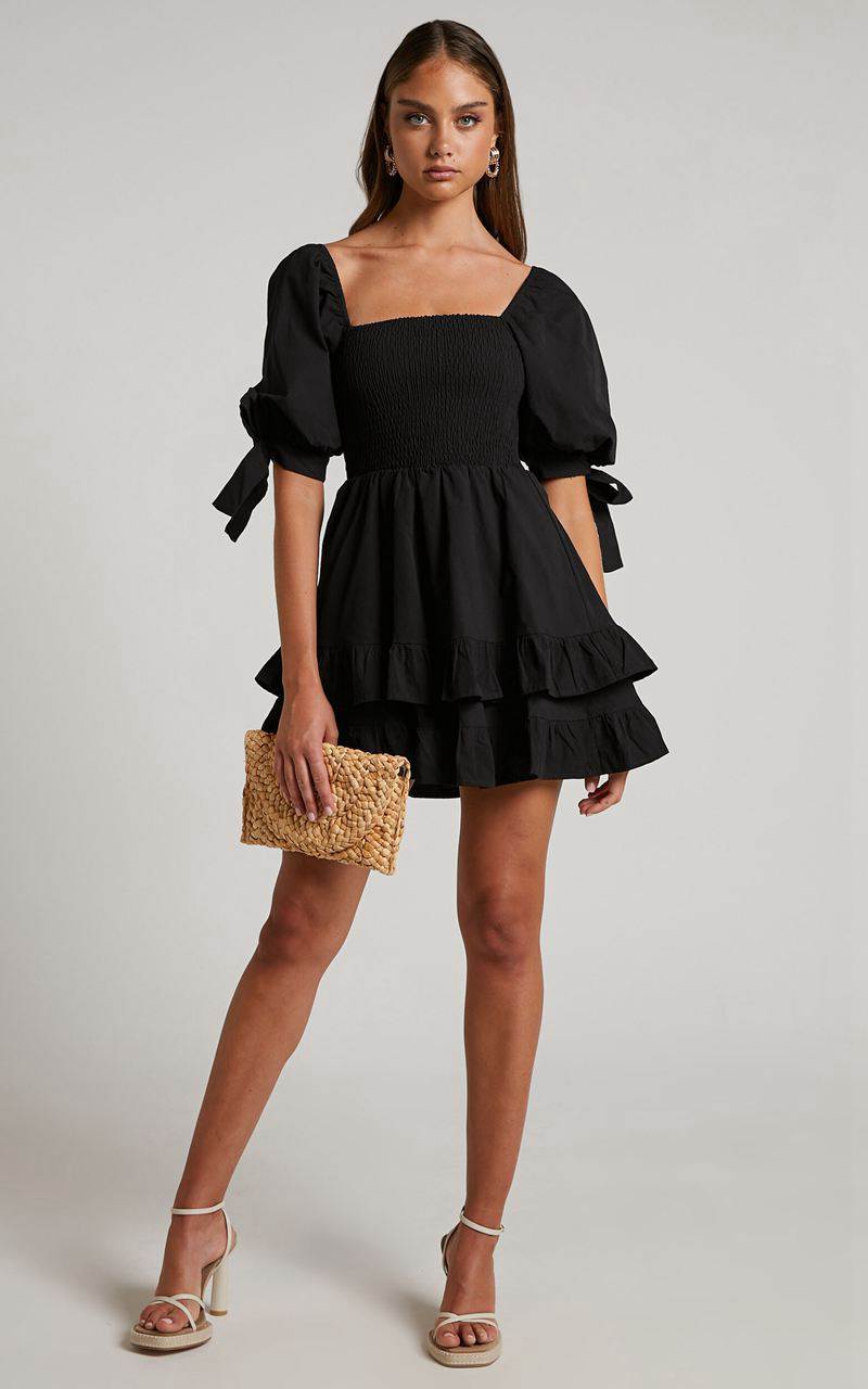 Showpo Chelle Mini Dress - Shirred Short Tie Sleeve Dress Black | WNSQTX672