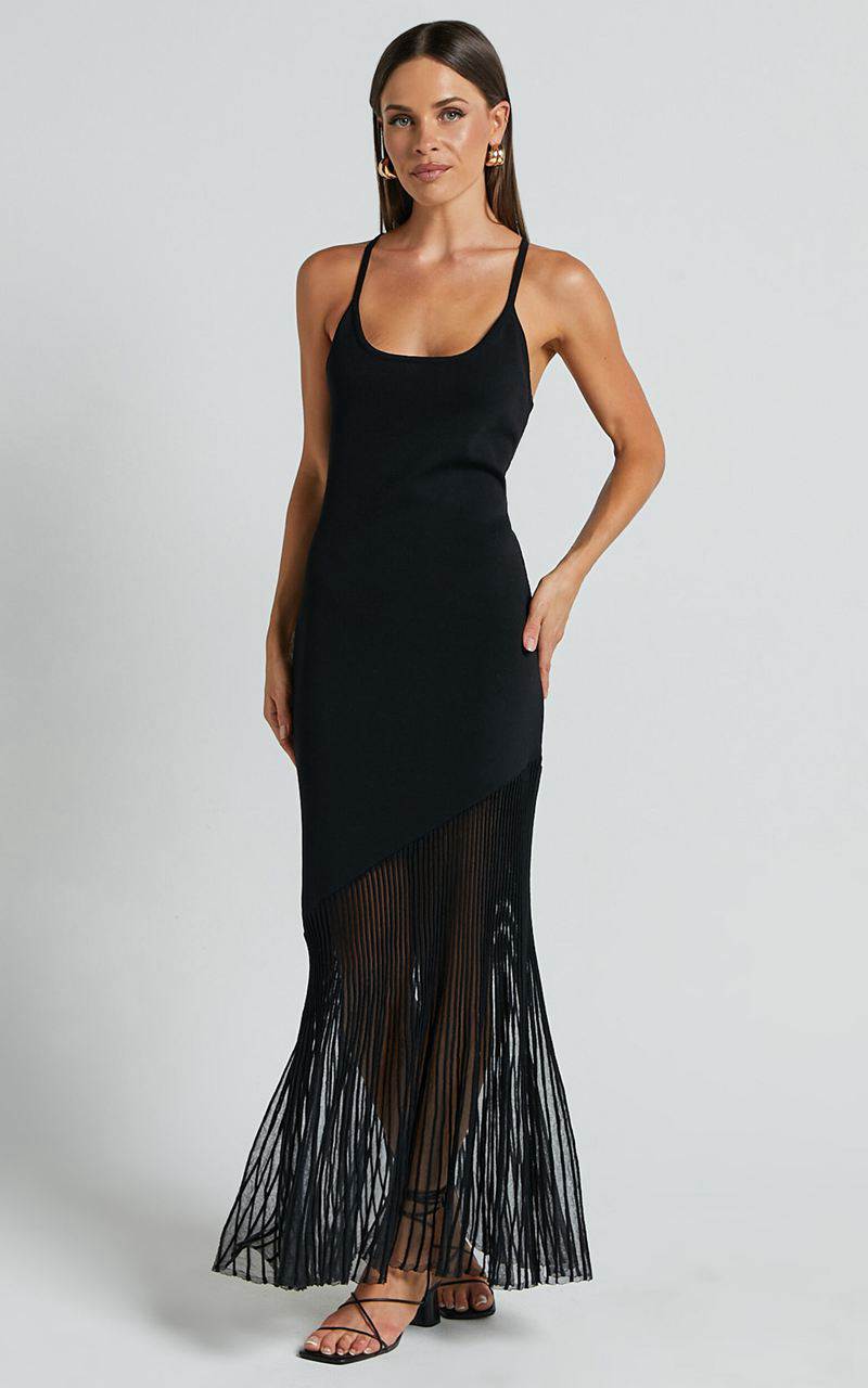 Showpo Chelly Midi Dress - Knitted Asymmetric Sheer Hem Panel Dress Black | MPEHOI438