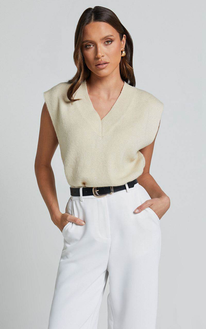 Showpo Chenelle Top - Sleeveless Knit Sweater Vest Stone | NOIACD179