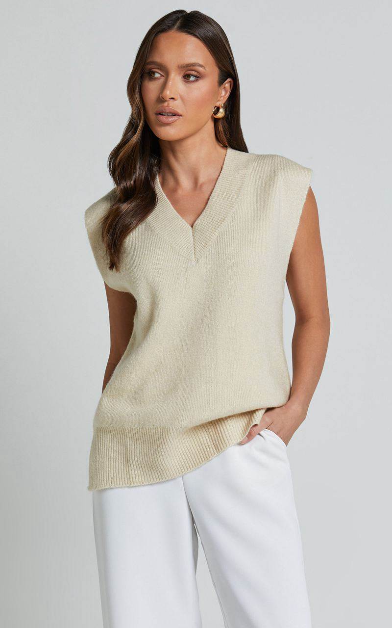 Showpo Chenelle Top - Sleeveless Knit Sweater Vest Stone | NOIACD179