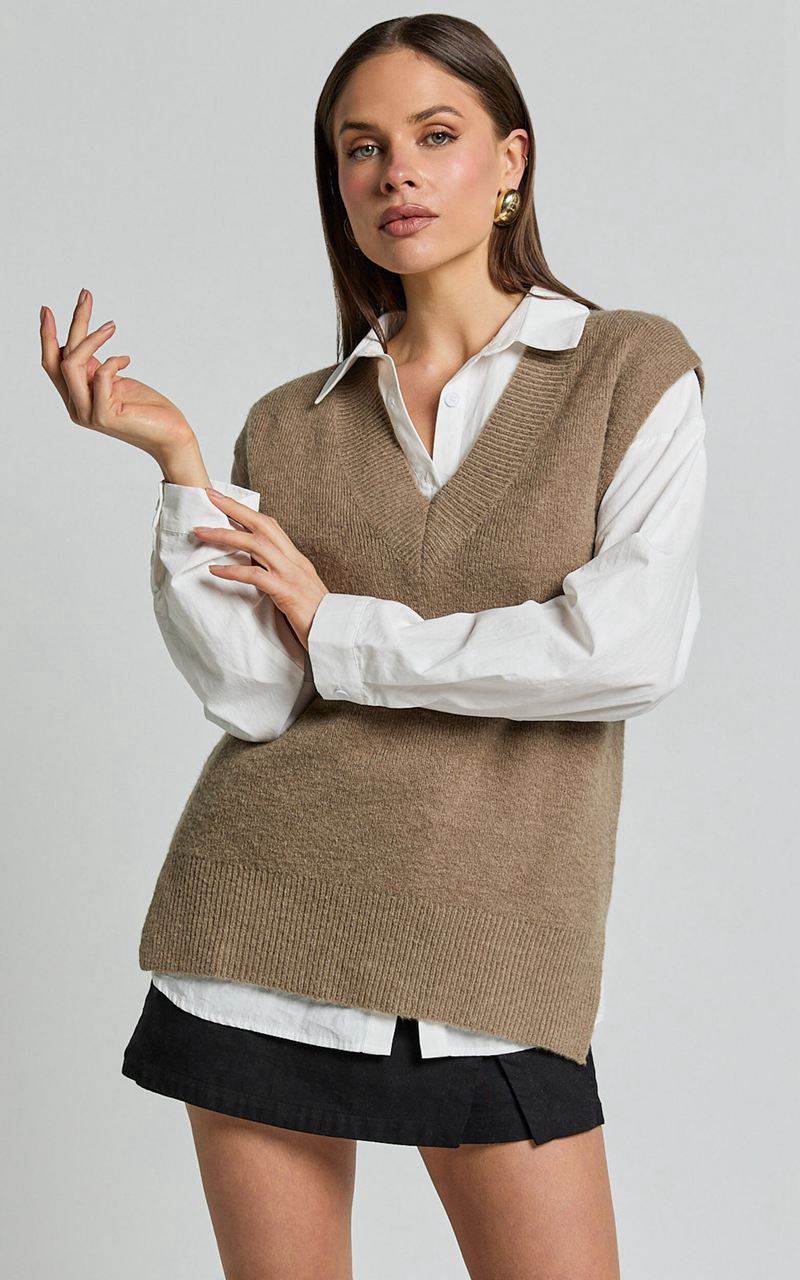 Showpo Chenelle Top - Sleeveless Knit Sweater Vest Biscuit | ICLYDT910