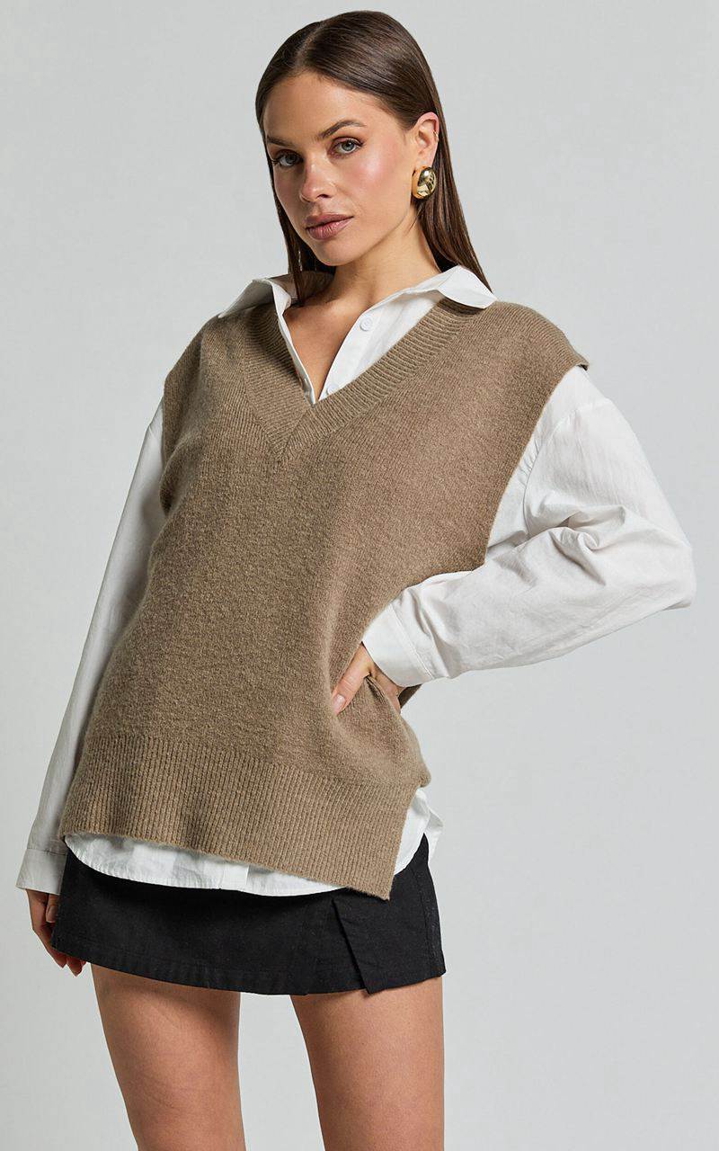 Showpo Chenelle Top - Sleeveless Knit Sweater Vest Biscuit | ICLYDT910