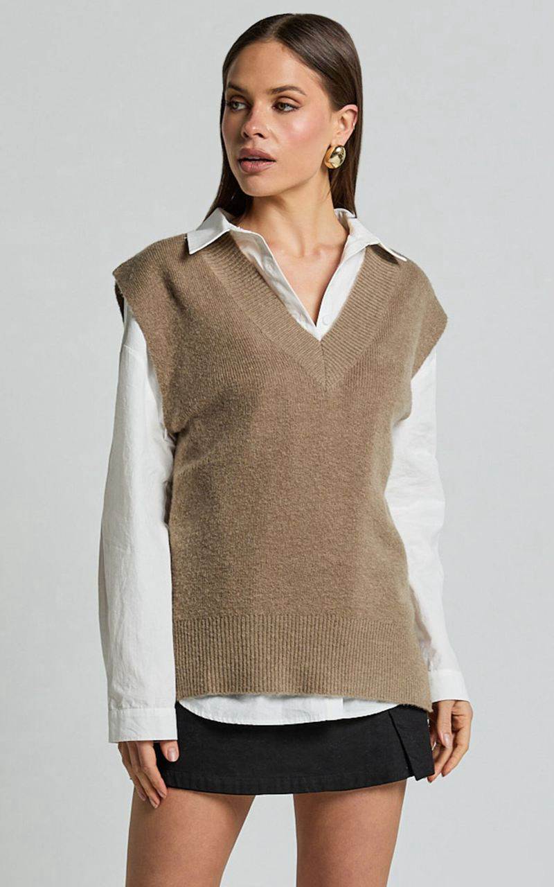 Showpo Chenelle Top - Sleeveless Knit Sweater Vest Biscuit | ICLYDT910