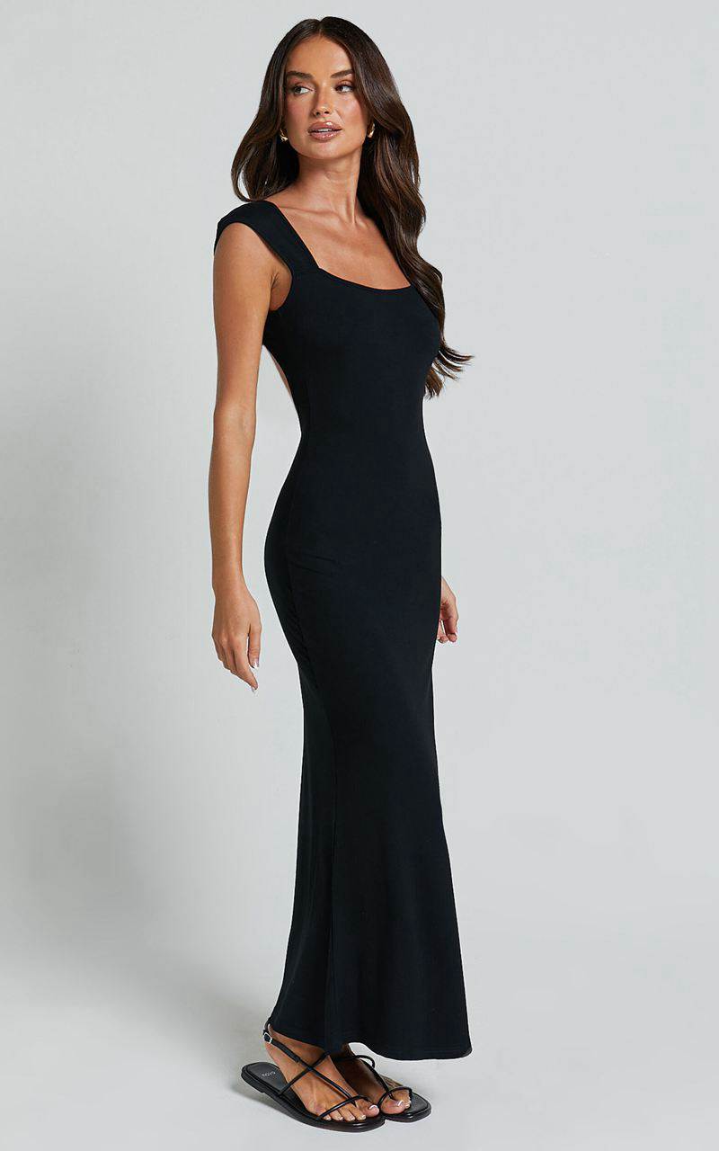 Showpo Cherell Midi Dress - Scoop Neck Cap Sleeve Tie Back Bodycon Dress Black | EULYNC490