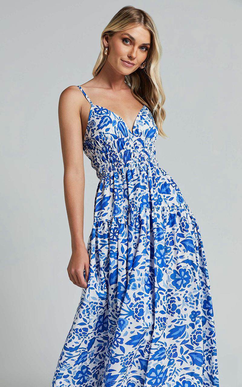 Showpo Cheri Midi Dress - Strappy Fit And Flare Tiered Dress Blue Floral | FGTLSJ458