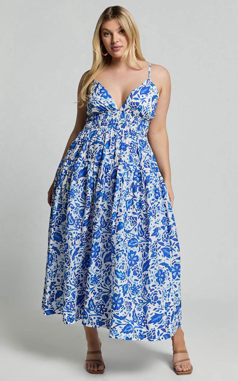 Showpo Cheri Midi Dress - Strappy Fit And Flare Tiered Dress Blue Floral | FGTLSJ458