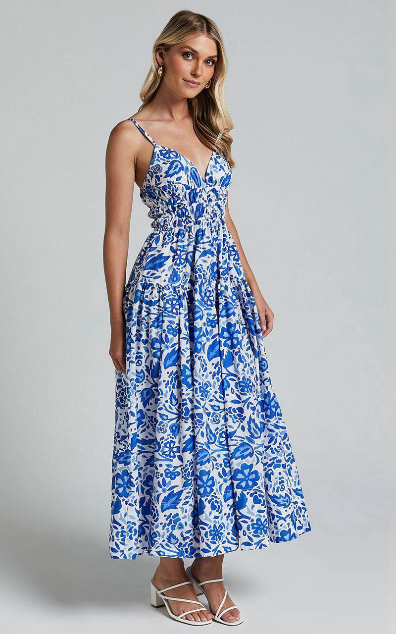 Showpo Cheri Midi Dress - Strappy Fit And Flare Tiered Dress Blue Floral | FGTLSJ458