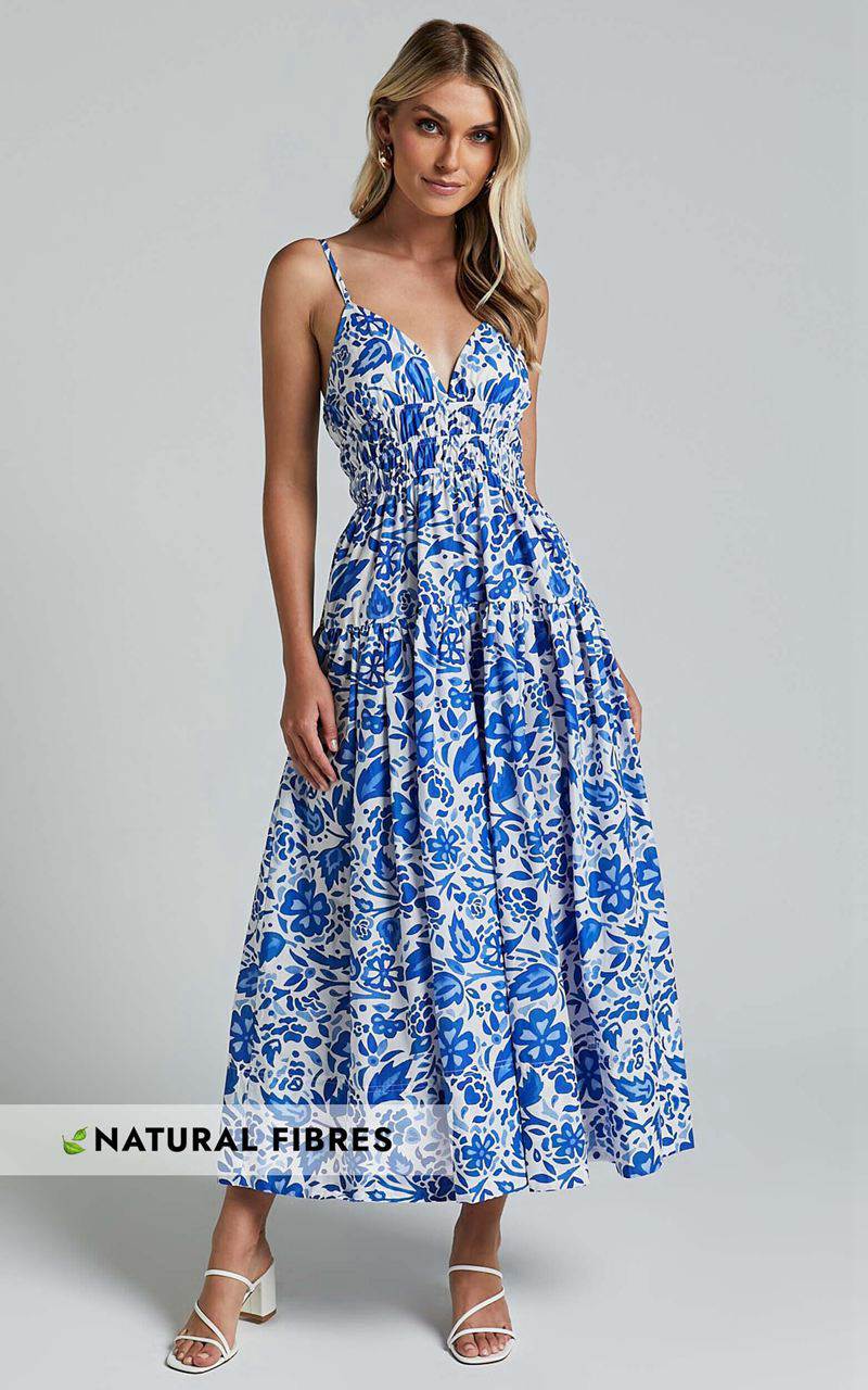 Showpo Cheri Midi Dress - Strappy Fit And Flare Tiered Dress Blue Floral | FGTLSJ458