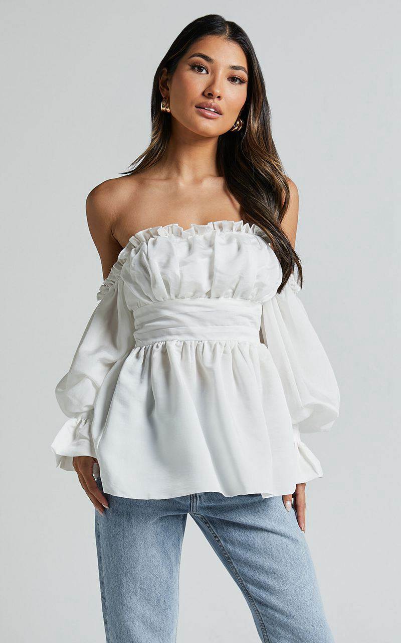 Showpo Cherlyne Top - Off Shoulder Long Sleeve Blouse White | FPHZIC597