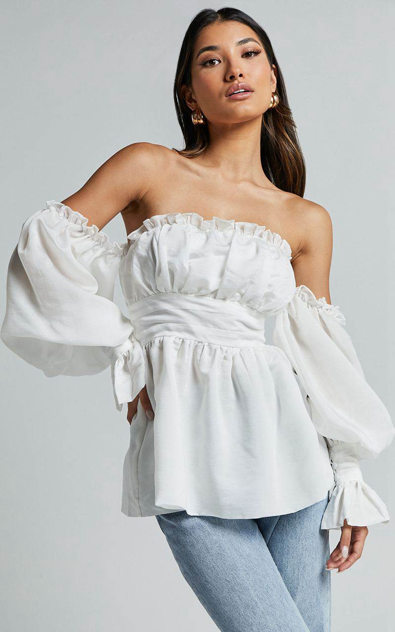 Showpo Cherlyne Top - Off Shoulder Long Sleeve Blouse White | FPHZIC597