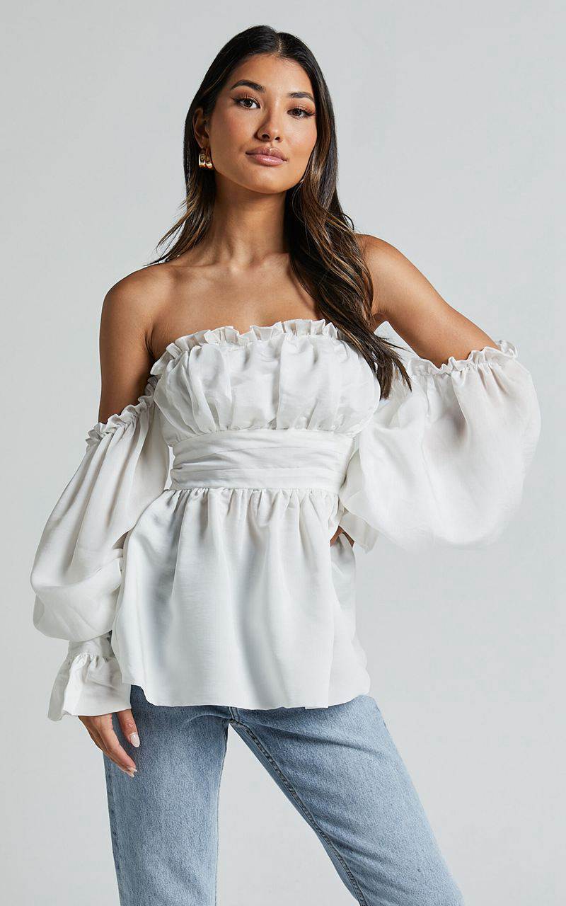 Showpo Cherlyne Top - Off Shoulder Long Sleeve Blouse White | FPHZIC597