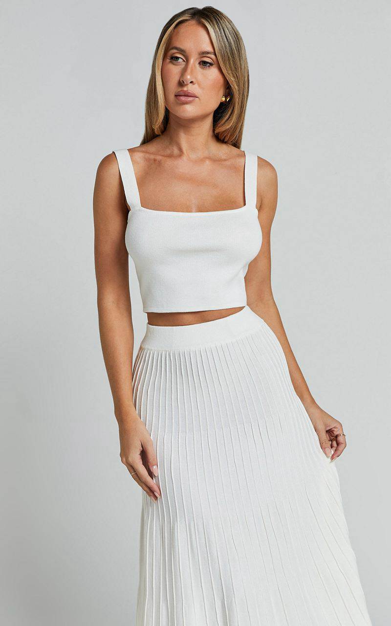 Showpo Cherylene Two Piece Set - Knitted Square Neck Crop Top And Midi Skirt Set Off White | VQRXOA904