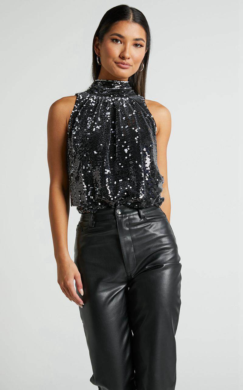 Showpo Chey Sequin Top - High Neck Sleeveless Sequin Top Black | CWDLGV520