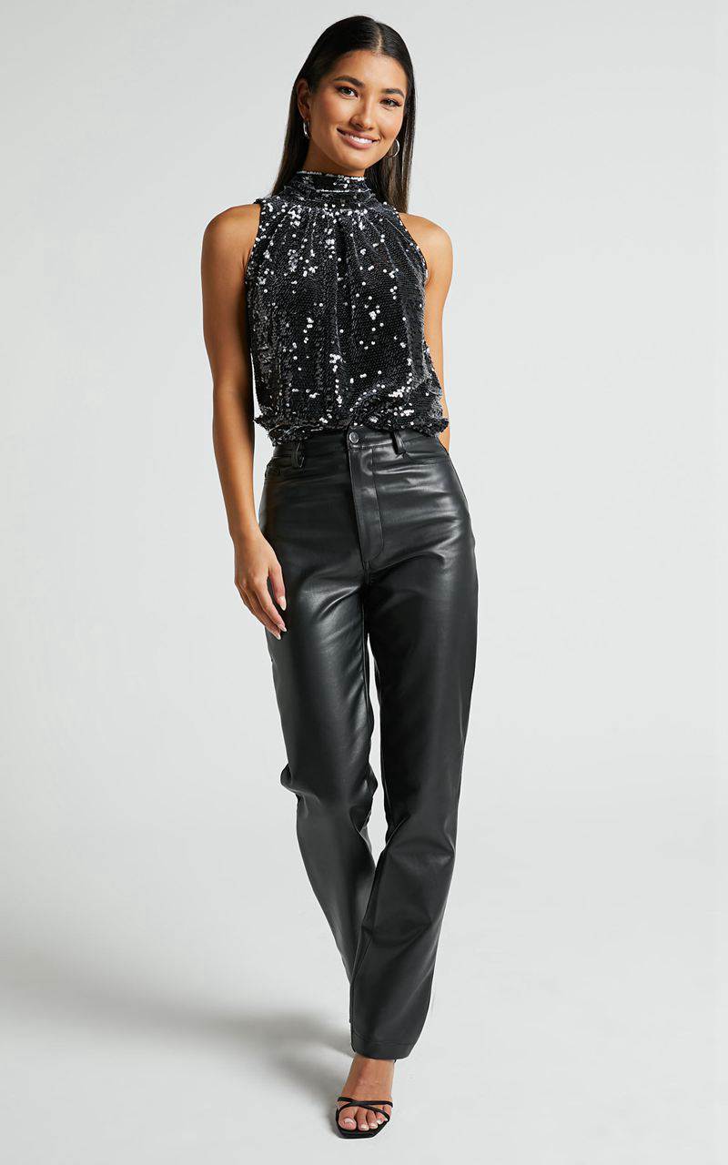 Showpo Chey Sequin Top - High Neck Sleeveless Sequin Top Black | CWDLGV520