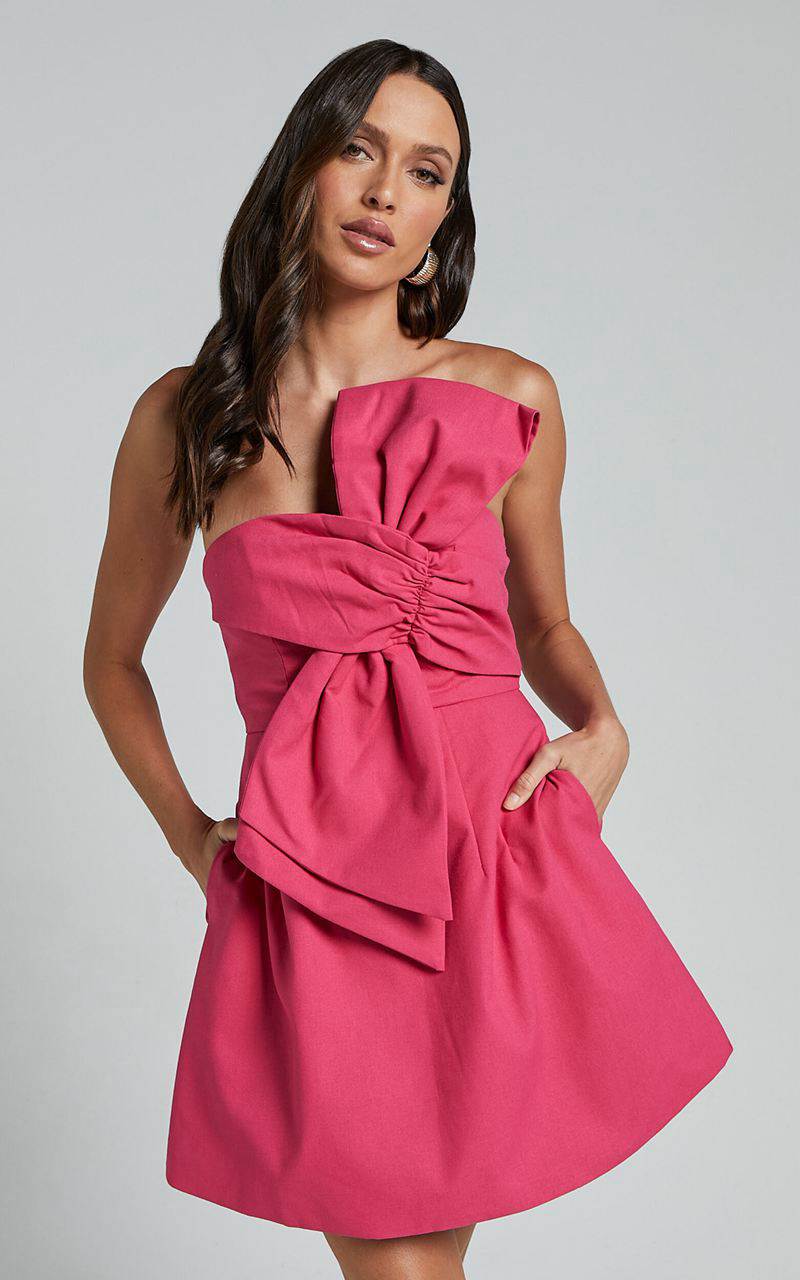 Showpo Chika Mini Dress - Linen Look Strapless Front Bow Dress Peony Pink | EGAZJX547