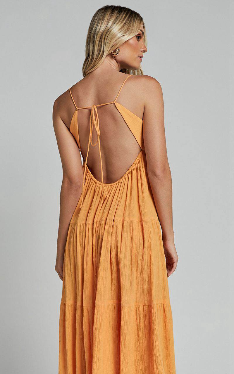 Showpo Chila Maxi Dress - Strappy Tie Front Low Back Tiered Papaya Orange | DGQMHT487