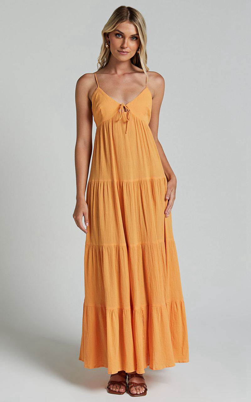 Showpo Chila Maxi Dress - Strappy Tie Front Low Back Tiered Papaya Orange | DGQMHT487