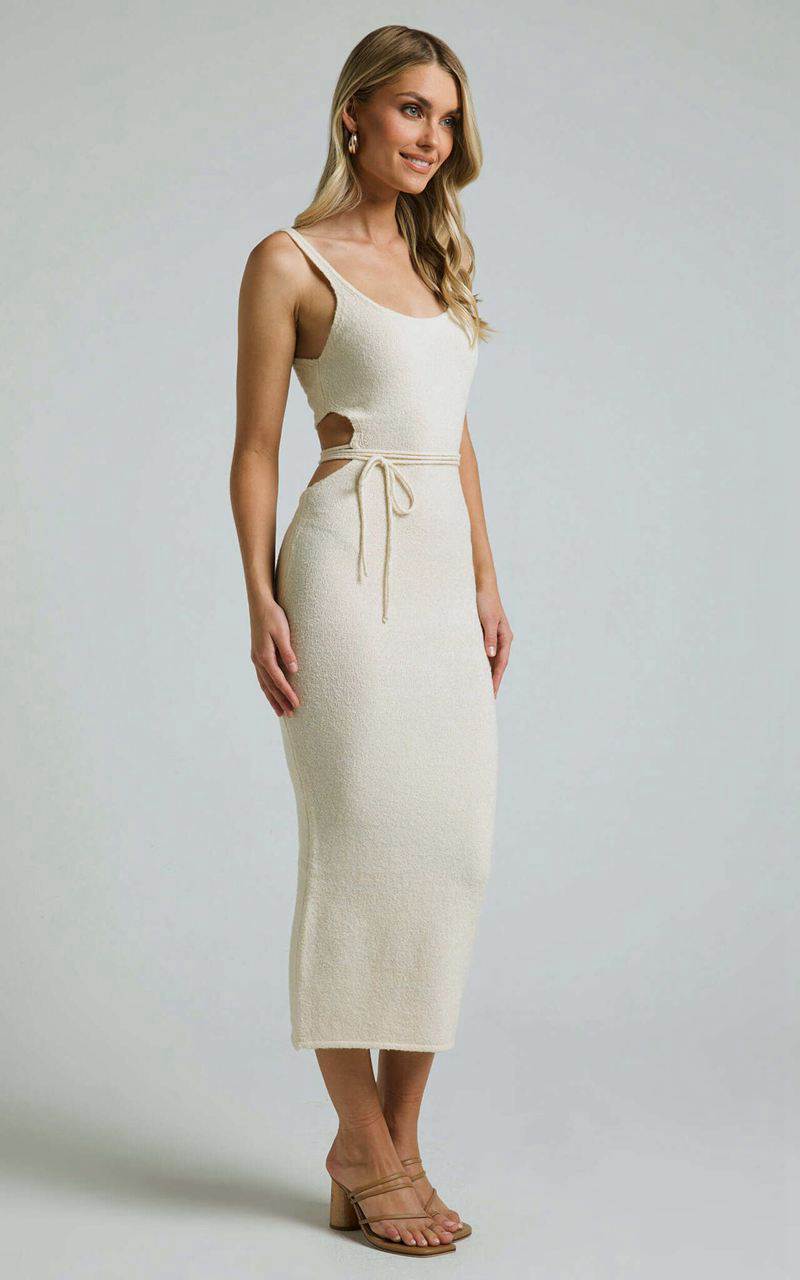 Showpo Chilie Midi Dress - Scoop Neck Cut Out Detail Sleeveless Bodycon Knit Natural | YKFEMS719