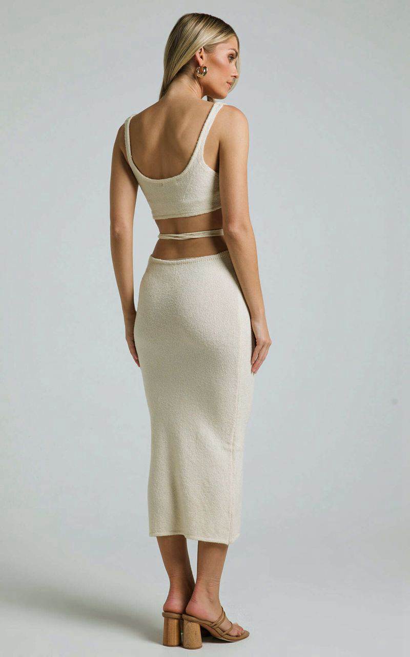 Showpo Chilie Midi Dress - Scoop Neck Cut Out Detail Sleeveless Bodycon Knit Natural | YKFEMS719