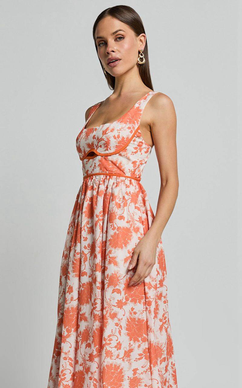 Showpo Chira Midi Dress - Front Cut Out Thigh Split Dress Orange Floral | GPISTK149