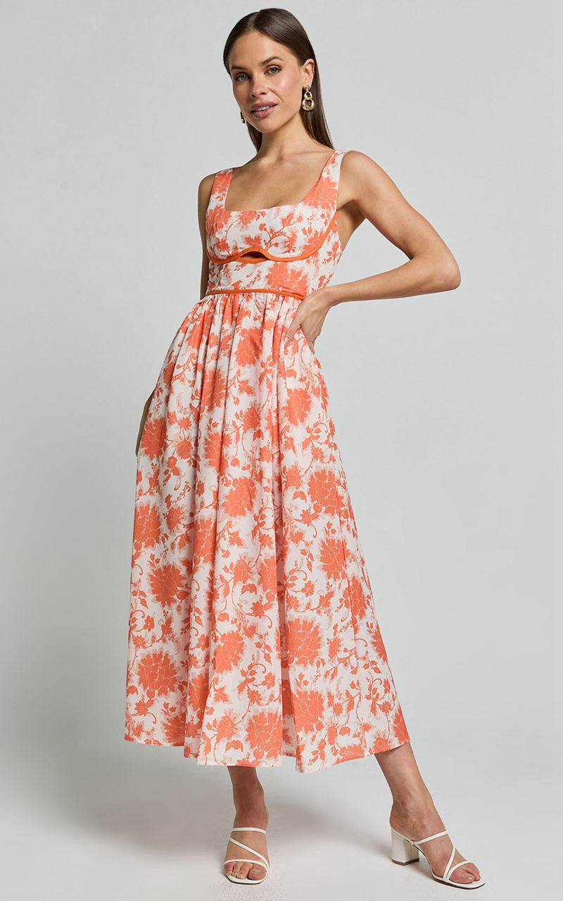 Showpo Chira Midi Dress - Front Cut Out Thigh Split Dress Orange Floral | GPISTK149