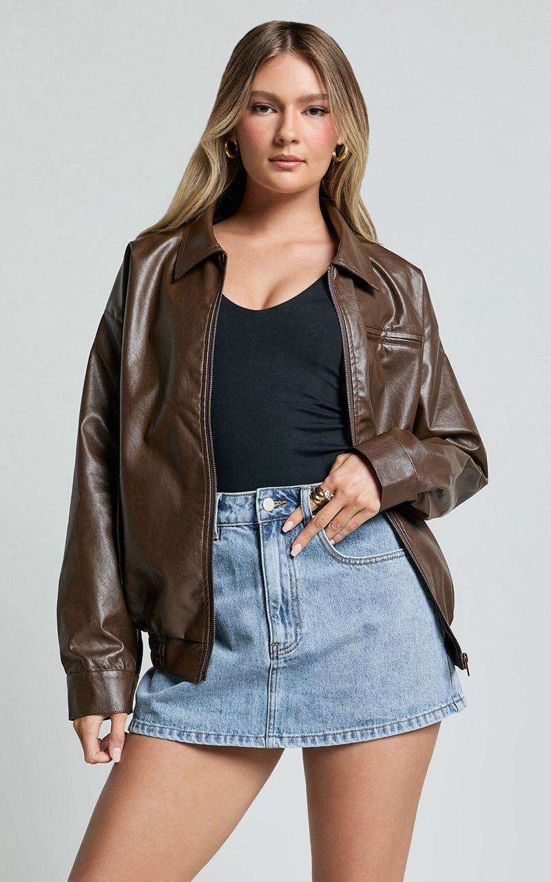 Showpo Chloe Jacket - Faux Leather Bomber Jacket Brown | OFBGWH476