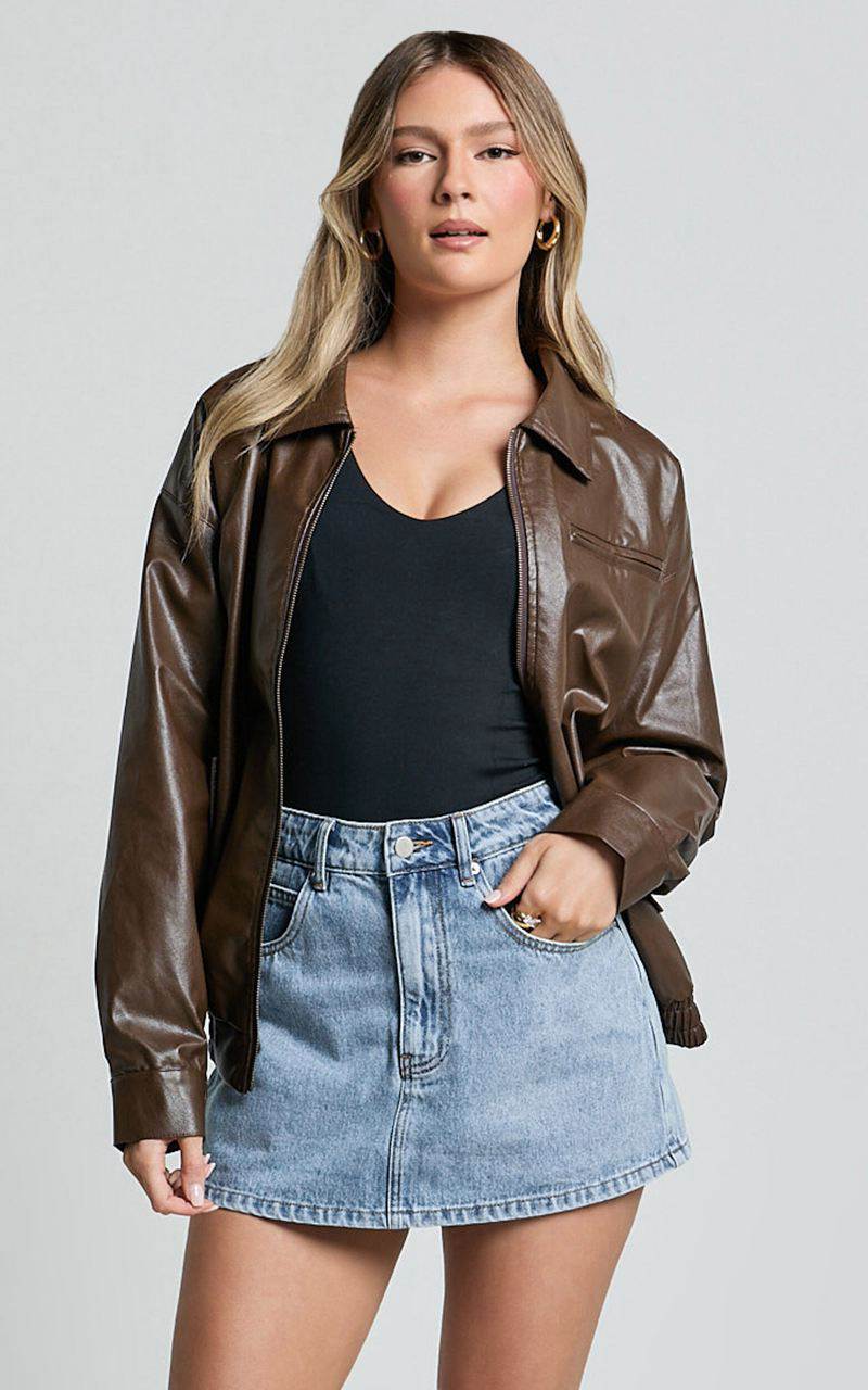 Showpo Chloe Jacket - Faux Leather Bomber Jacket Brown | OFBGWH476