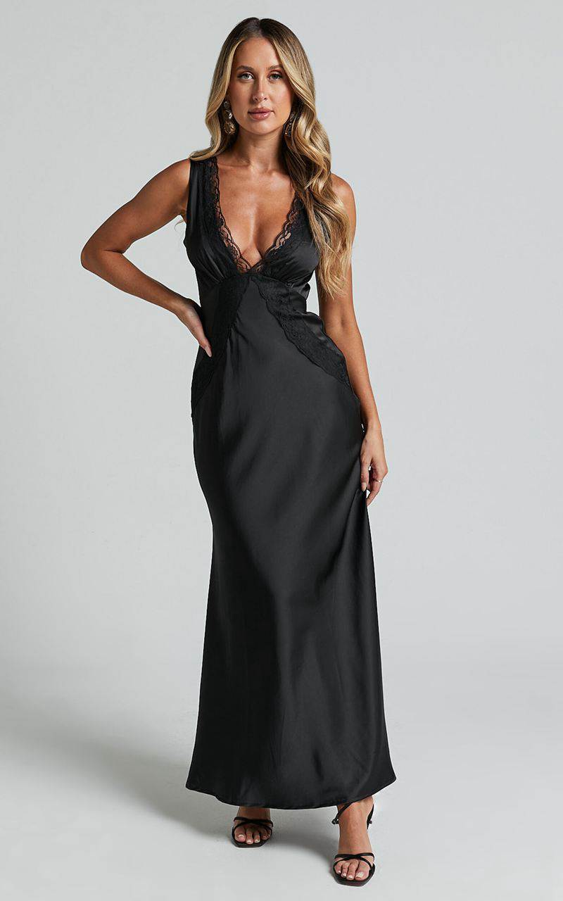 Showpo Chrissie Maxi Dress - Lace Detail Plunge Dress Black | IAHPJG356