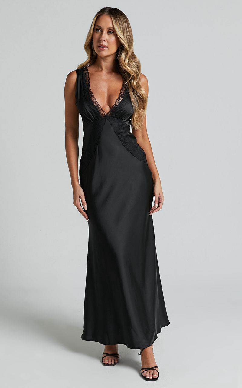 Showpo Chrissie Maxi Dress - Lace Detail Plunge Dress Black | IAHPJG356