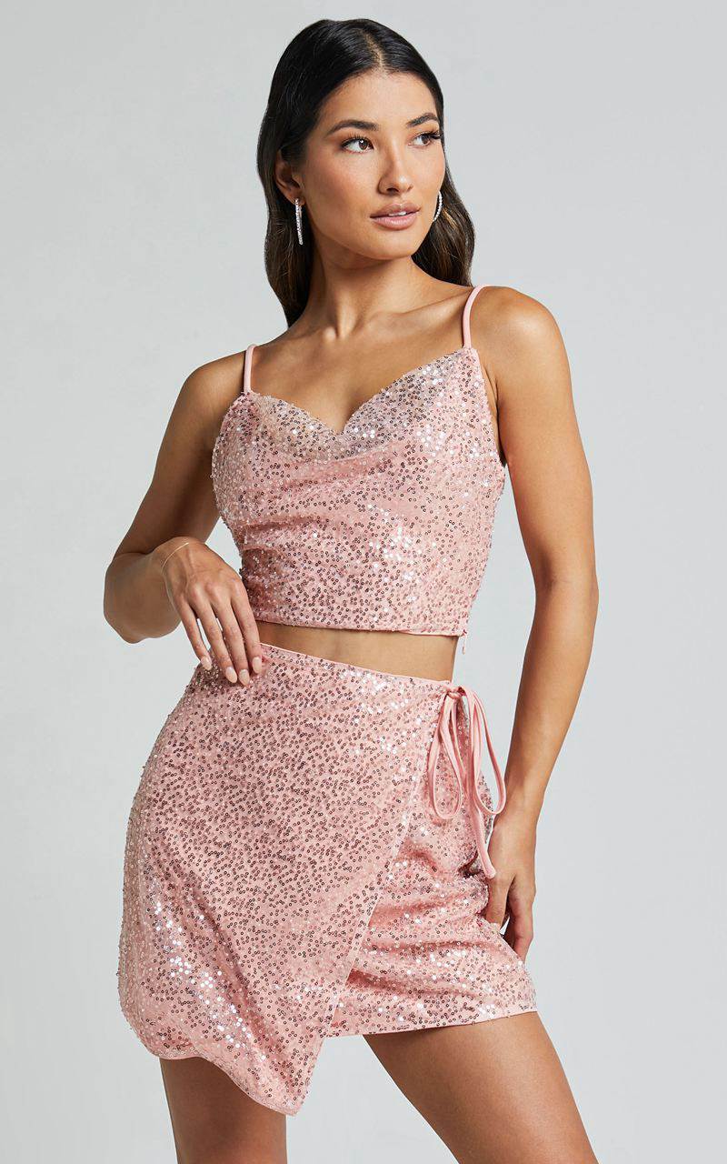 Showpo Christa Two Piece Set - Sequin Cowl Top And Wrap Mini Skirt Set Light Pink | TAPQRY639