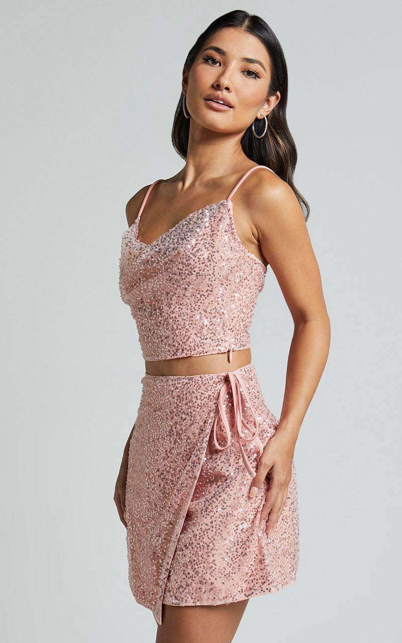 Showpo Christa Two Piece Set - Sequin Cowl Top And Wrap Mini Skirt Set Light Pink | TAPQRY639