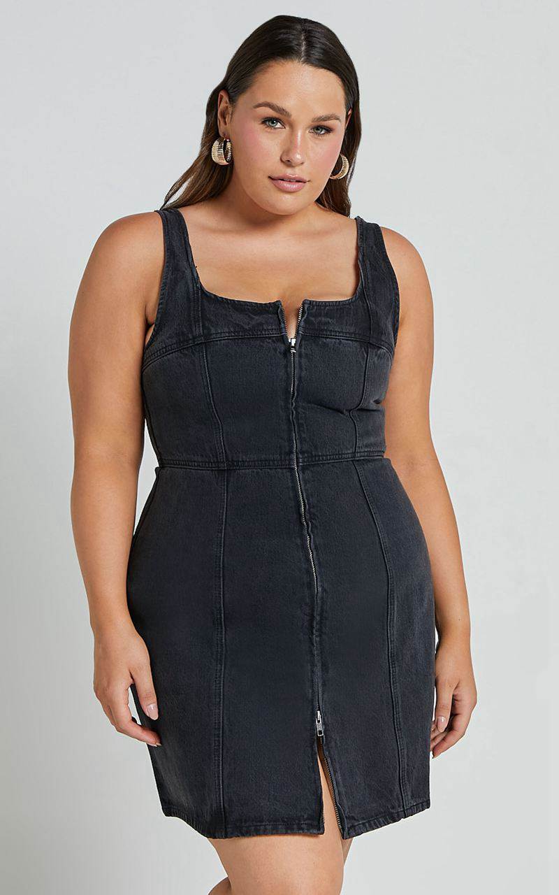 Showpo Chrysoula Mini Dress - Square Neck Zip Front Sleeveless Bodycon Denim Washed Black | FKWMHY178