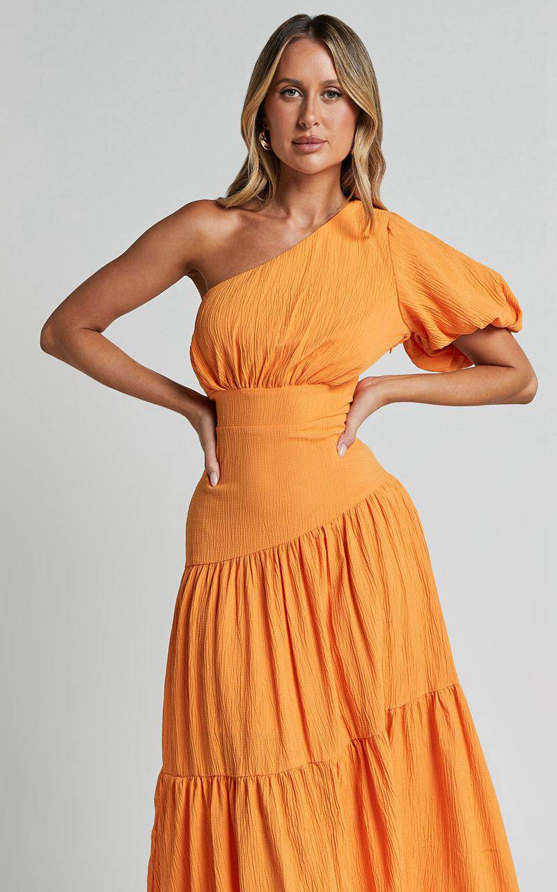 Showpo Ciara Midi Dress - One Shoulder Short Puff Sleeve Tiered Dress Mango | OZMWBI617