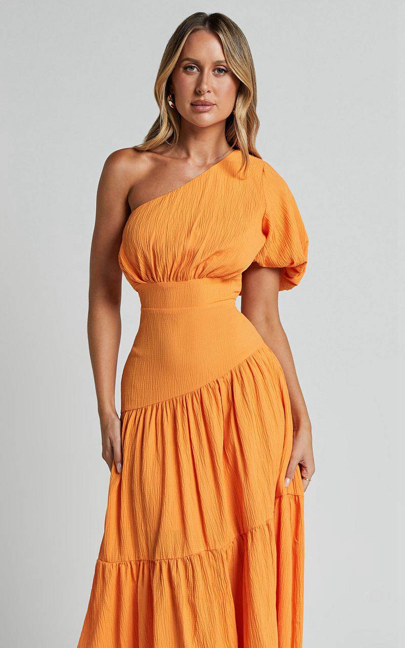 Showpo Ciara Midi Dress - One Shoulder Short Puff Sleeve Tiered Dress Mango | OZMWBI617